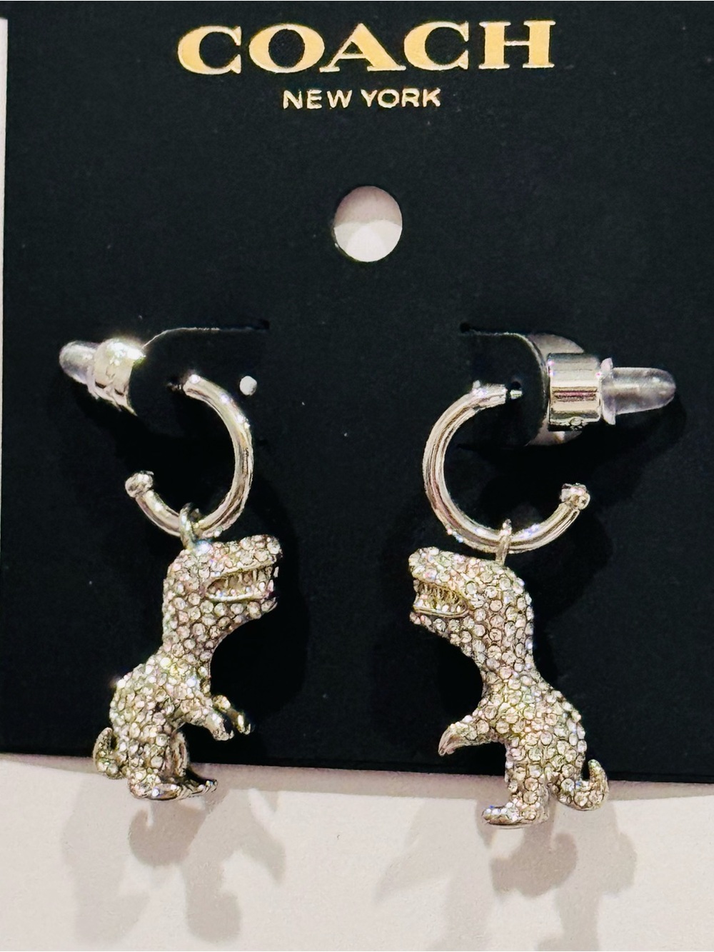 NWT Coach Pavé Rexy Crystal Huggie Post Drop Earrings Silver Dino Mascot